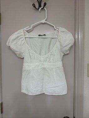 Brandy Melville White Puff-Sleeve Button Front Top